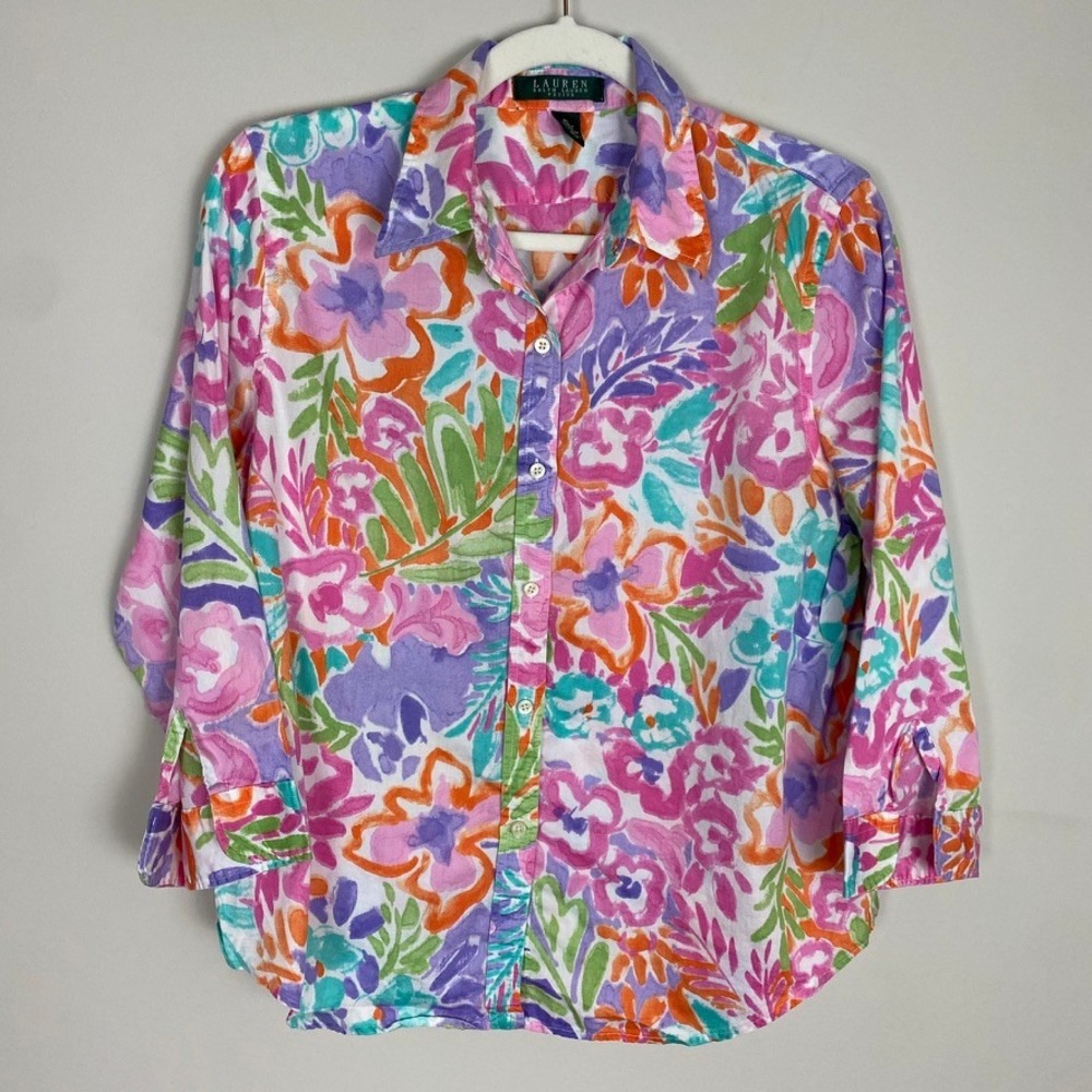 Lauren Ralph Lauren Floral Watercolor Button Down Shirt Womens Petite Large